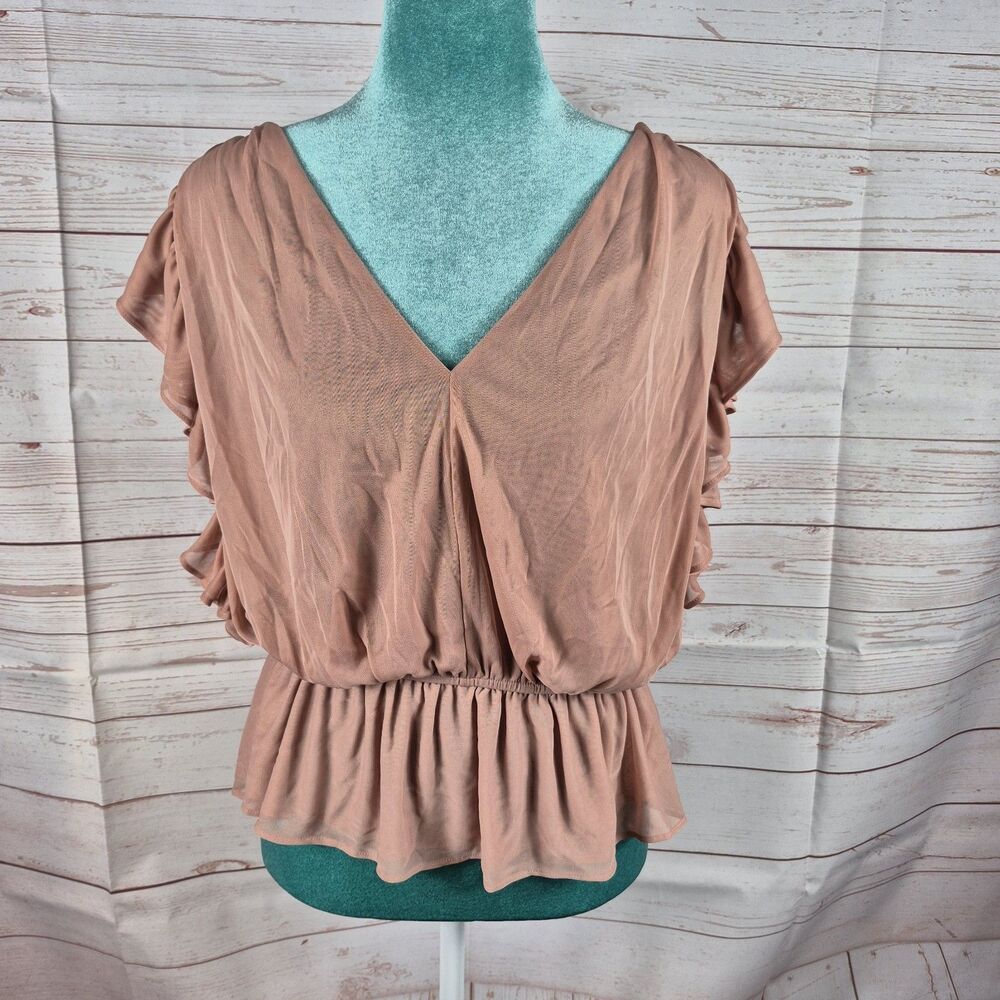 EXPRESS Champagne Pink Peplum Top Womens Sz M Coquette Fairy Boho Flutter Sleeve